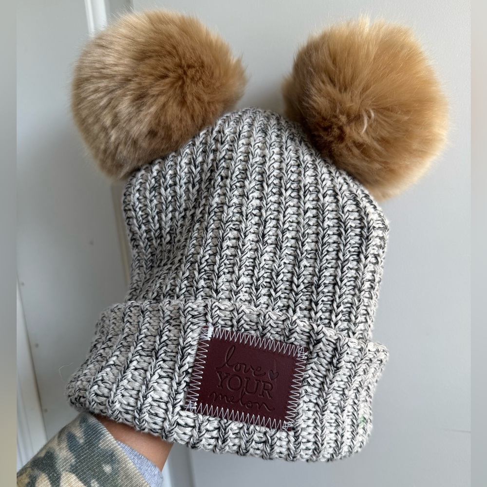 Love Your Melon Gray/Brown Knit Teddy Bear Ear Beanie with Tan Pom-Poms